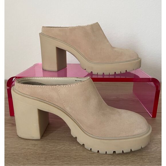 Dolce Vita Block Heel Mules Women 8.5 Beige‎ Suede Platform Slip On Chunky - Picture 1 of 6